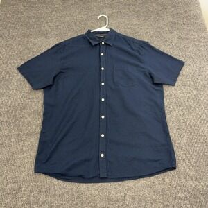 LIVERGY Button Up Shirt Mens L Navy Blue Linen Blend Short Sleeve Casual Summer
